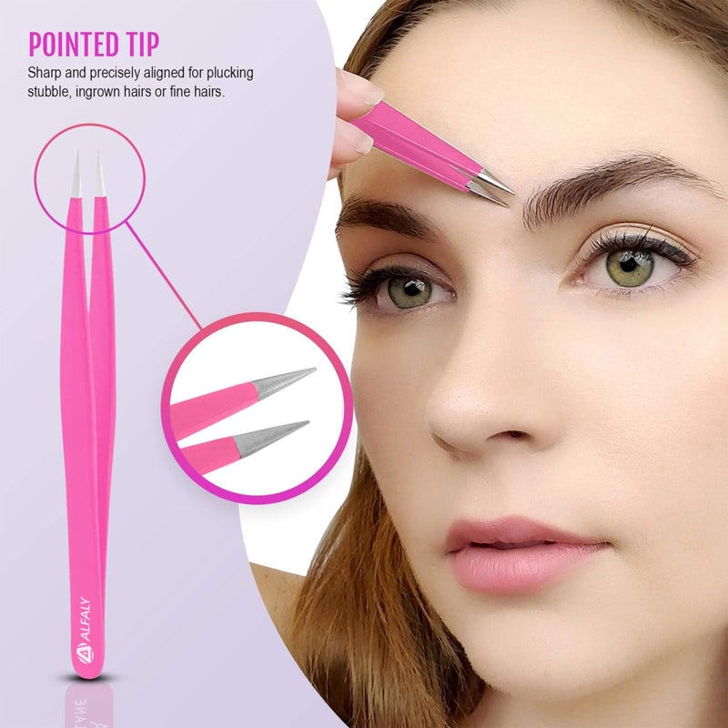 Alfaly Tweezers Set - Professional Stainless Steel 5-Piece Precision Tweezer for Men & Women - Great for Facial Hair Removal, Eyebrow Shaping, Splinters & Ingrown (Pink) - Image 3